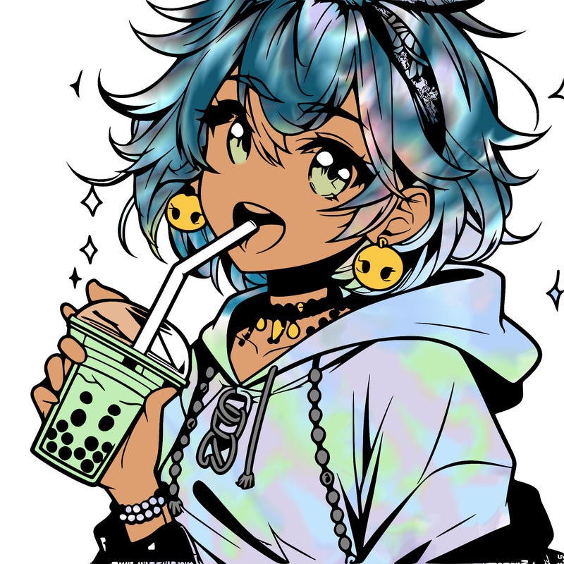 hot baddie anime girl drinking boba and biting the straw