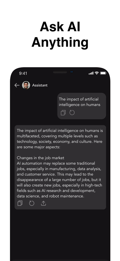 Mobile app interface of an AI assistant providing an answer to a question about artificial intelligence impact