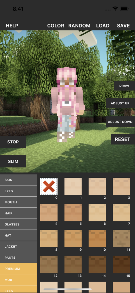 Interface of the Custom Skin Creator app showing a 3D Minecraft character model and various skin tone customization options