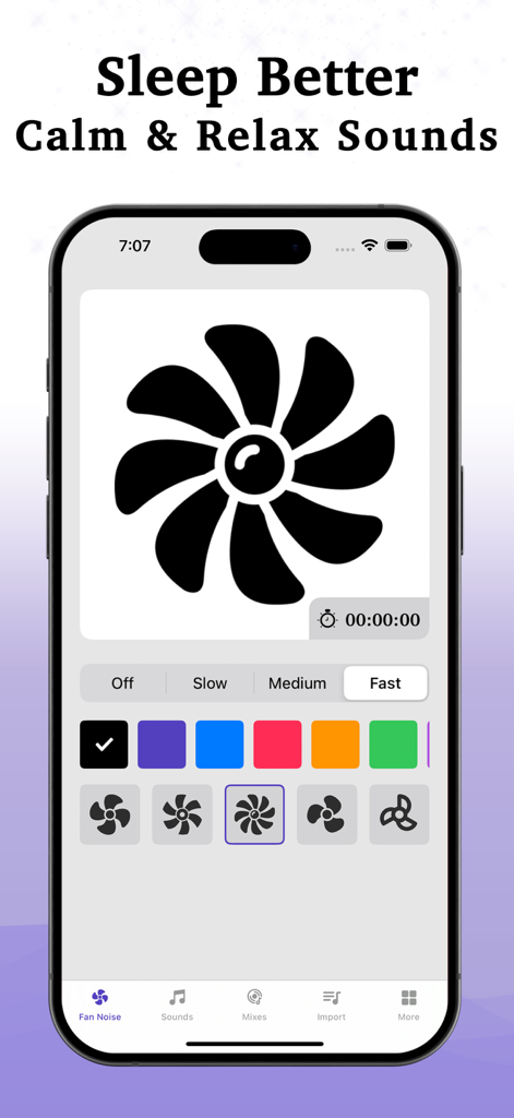 Fan Noise - White Noise Baby - Mobile app interface of Fan Noise showing adjustable fan speed settings and sleep timer for relaxing white noise