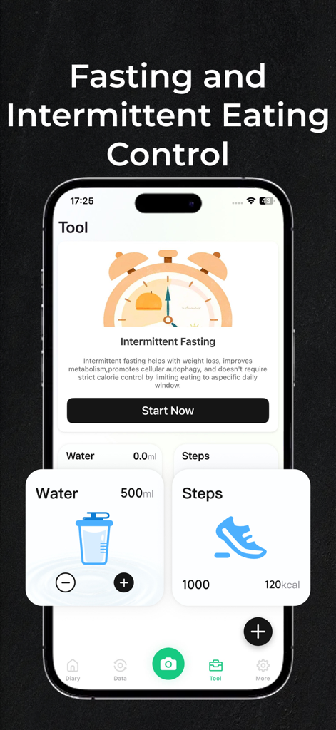 KCal AI:CalorieTracker&Counter - KCal AIモバイルアプリのインターフェース。間欠的断食ツールと毎日の健康指標を表示。