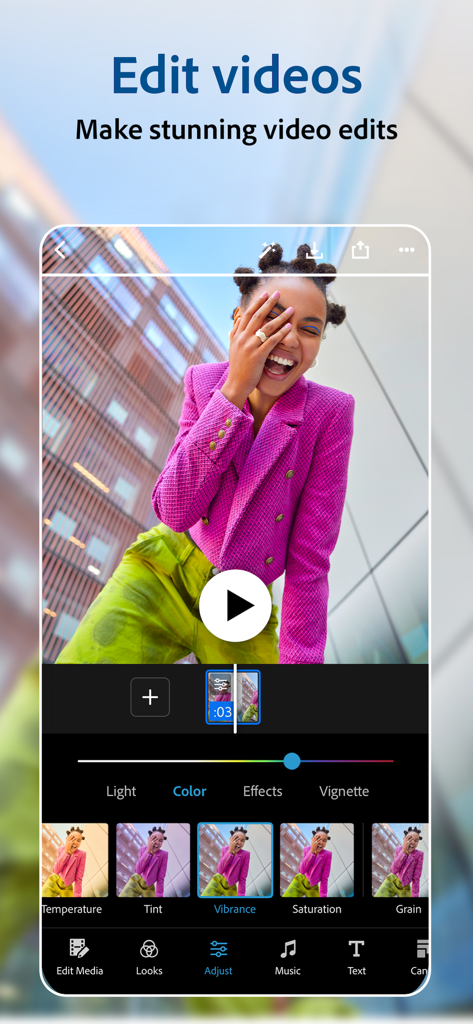 Pantalla de la aplicación móvil Photoshop Express mostrando herramientas de edición de vídeo y ajuste de color.