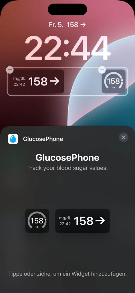 GlucosePhone - iPhone lock screen displaying GlucosePhone widgets with real-time blood sugar levels and trend arrows.