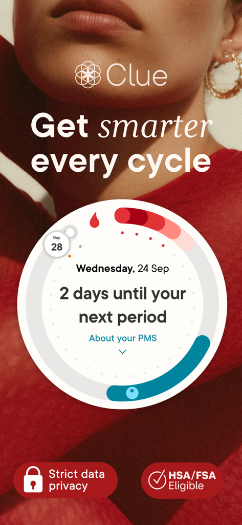 Clue Period & Cycle Tracker - Clue 생리 주기 추적기 앱의 인터페이스. 월경 주기 카운트다운과 개인 정보 보호 배지가 표시됩니다.