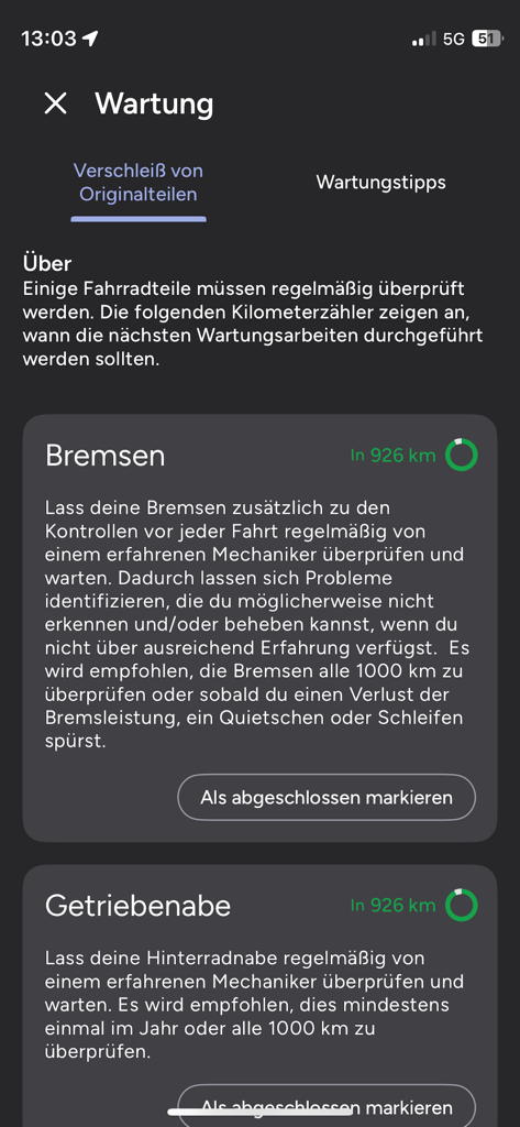 Maintenance screen of the Muli app showing service intervals and status for brakes and gear hub components.