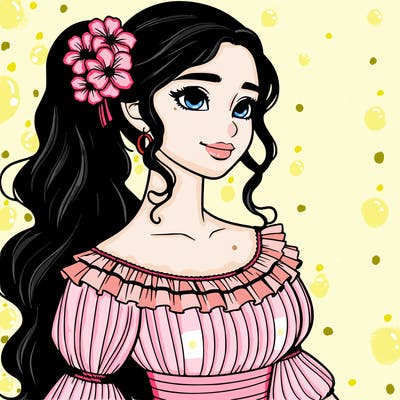a single latina woman with a side ponytail and a long dress with ruffles. she has a few discreet flowers in her hair. realistic