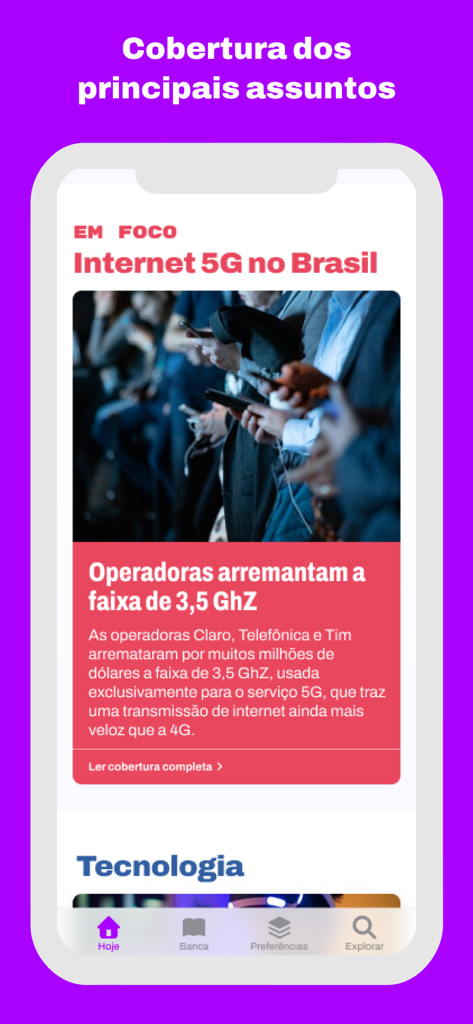Screenshot of Hube Jornais app displaying a news article about 5G internet in Brazil