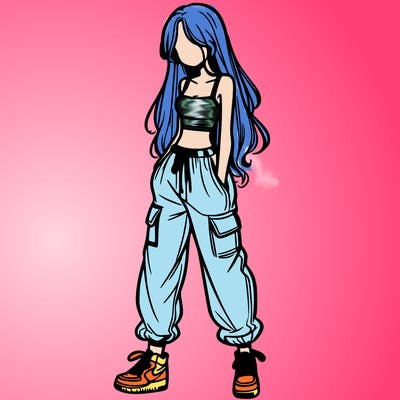 girl in baggy pants crop top and long hair