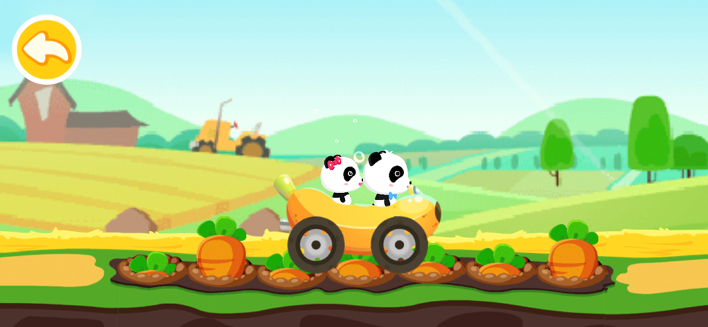Baby Panda Car Racing - Two baby pandas driving a banana shaped car through a farm with carrots