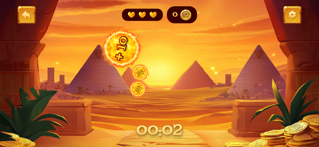 Egypt: Sun Eclipse - Pantalla de jugabilidad de Egypt Sun Eclipse con pirámides y soles brillantes.