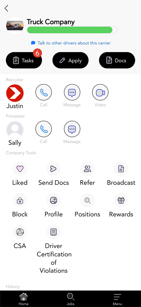 Driver Pulse app interface showing a carrier profile with recruiter contact buttons and driver management tools
