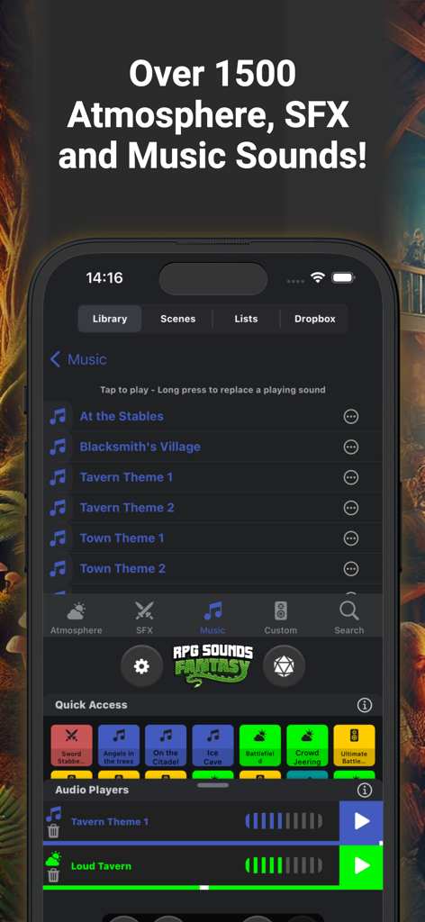 RPG Sounds Fantasy app interface showing music tracks and multiple audio players for tabletop gaming immersion
