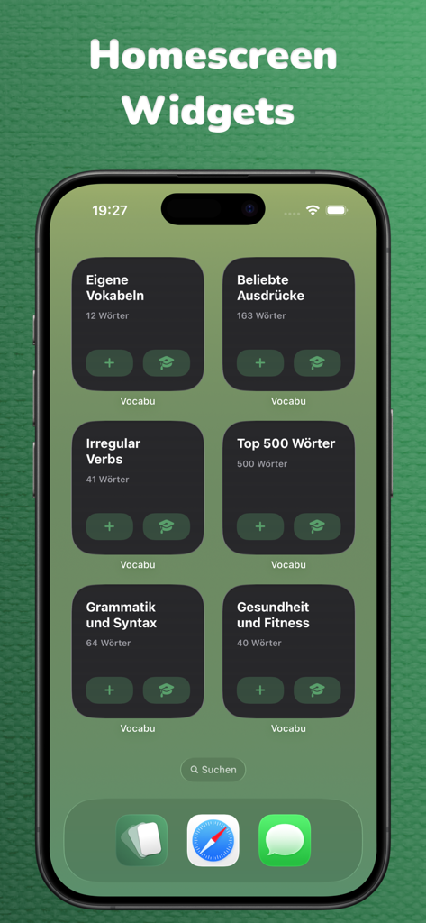 Vocabulary Flashcards: Vocabu - iPhone home screen showing multiple Vocabu app widgets for different language vocabulary collections