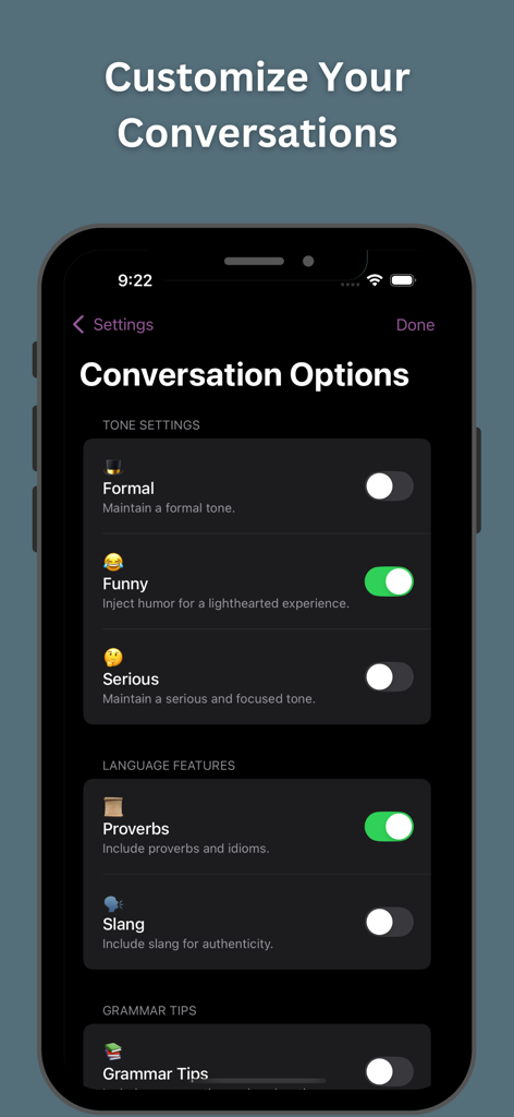 iPolyglot: Learn Language AI - Mobile screen showing options to customize AI conversation tone and language features in iPolyglot