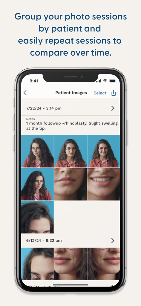 Smartphone screen showing organized clinical patient photo history in the ImageAssist app for medical professionals
