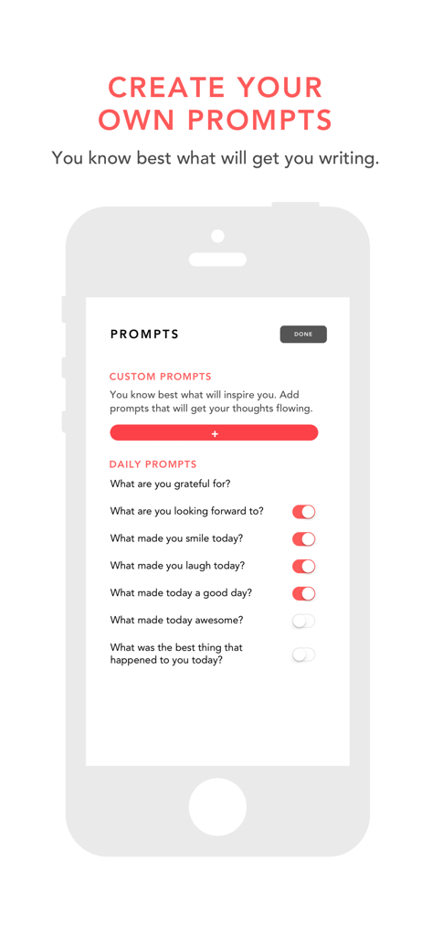 Interface of Grateful app showing custom and daily journaling prompts management