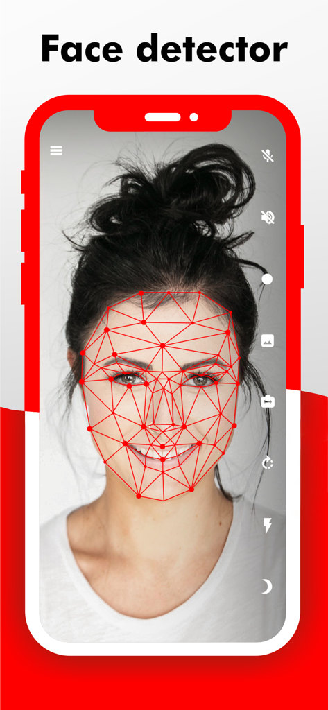 Interface of the Camy app showing the face detector feature with a red wireframe mesh over a person's face.