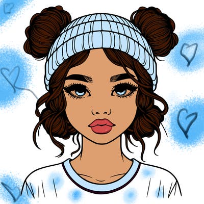 realistic girl with buns in her hair with a beanie on