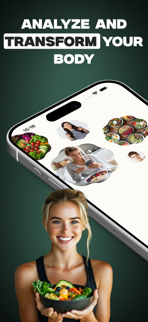 Mango AI - Calorie Tracker - Uma mulher segurando uma tigela de comida saudável ao lado de um smartphone exibindo a interface do aplicativo Mango AI Calorie Tracker.