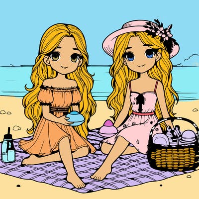 two beautiful girls having a picnic on the beach