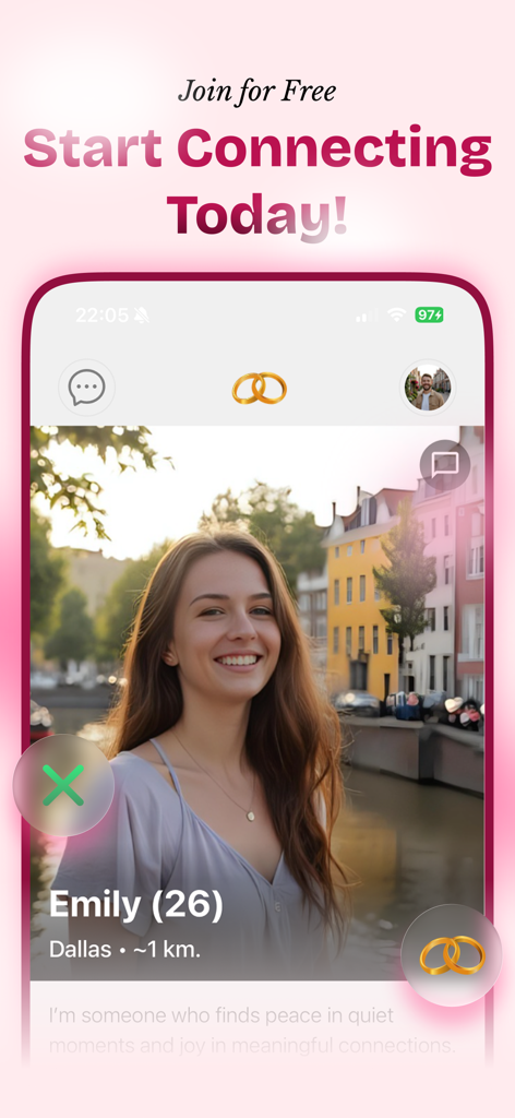 Faith - Christian singles - A profile of a young woman on the Faith Christian singles dating app with buttons to connect or skip
