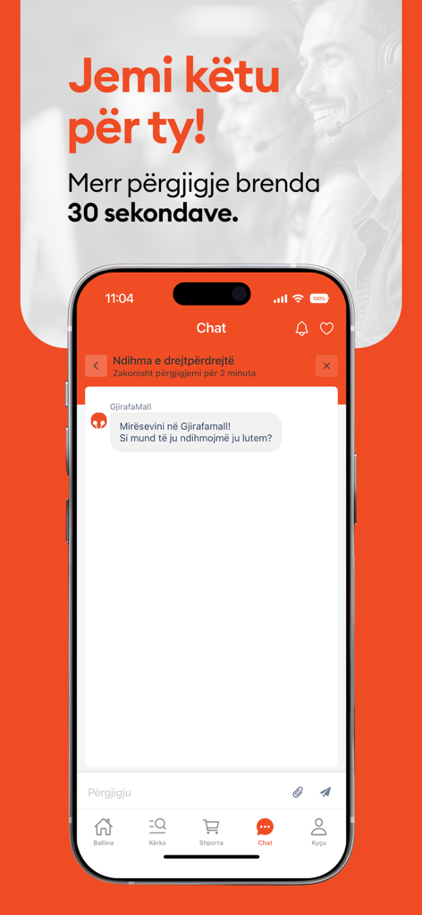 GjirafaMall - Interfaccia di live chat dell'app mobile GjirafaMall per un supporto clienti rapido