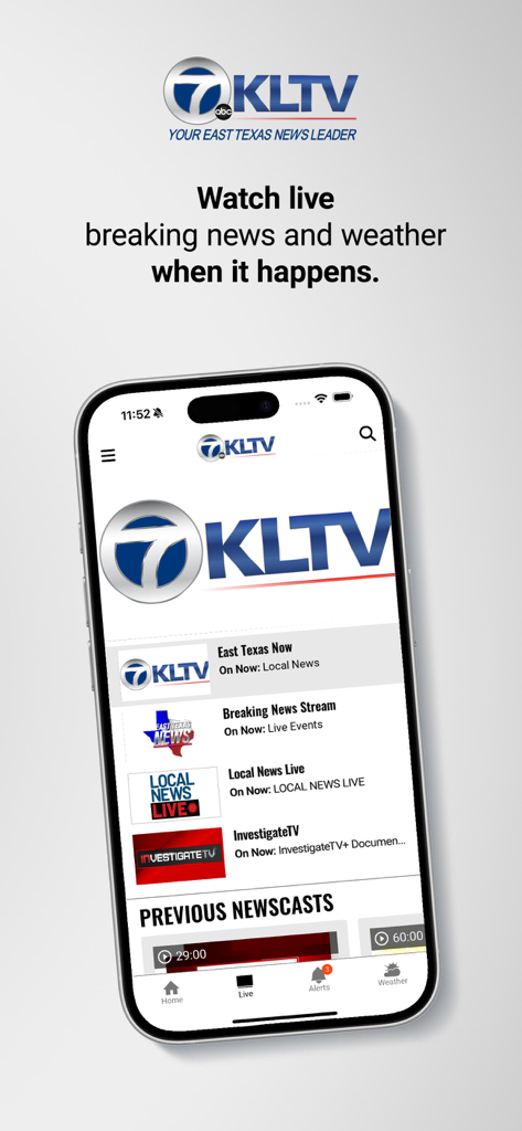 KLTV 7 East Texas News - KLTV 7 East Texas News mobile app interface showing live breaking news and local weather video streams