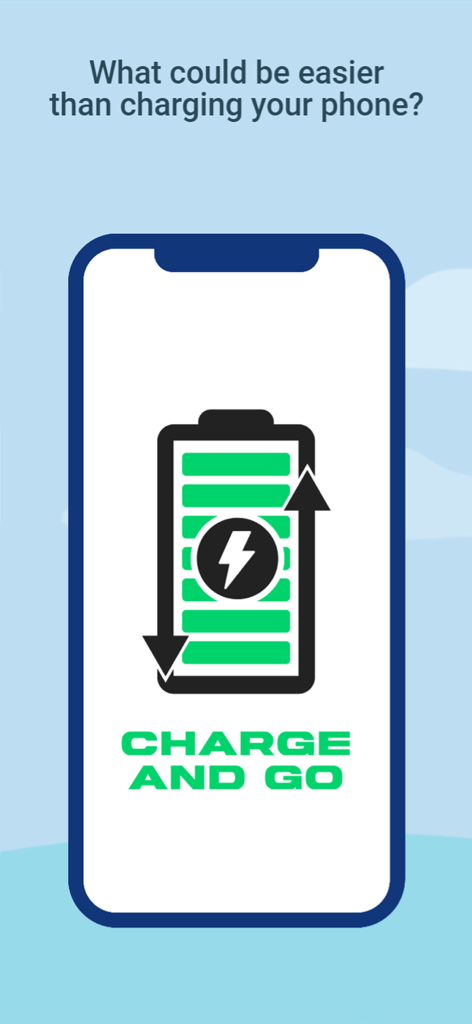 Charge and Go 앱 시작 화면, 스마트폰 디스플레이에 녹색 충전 배터리 아이콘 표시