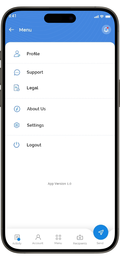 Menu dell'app di rimesse Nepal Paisa che mostra le opzioni Profilo, Supporto, Legale e Impostazioni.