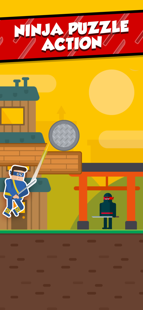A blue ninja character slicing a manhole cover with a sword to solve a physics puzzle.
