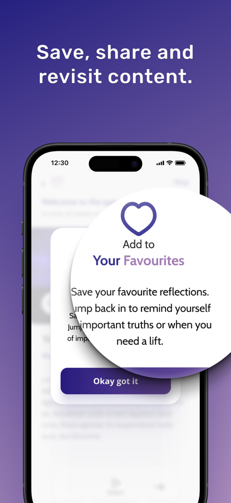 Everyday Faith app interface showing the feature to save and revisit favorite reflections.