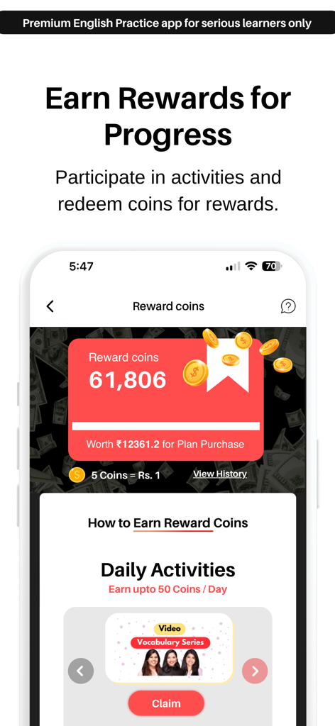 英語練習のための報酬コインと毎日のアクティビティを示すEngVartaアプリ画面