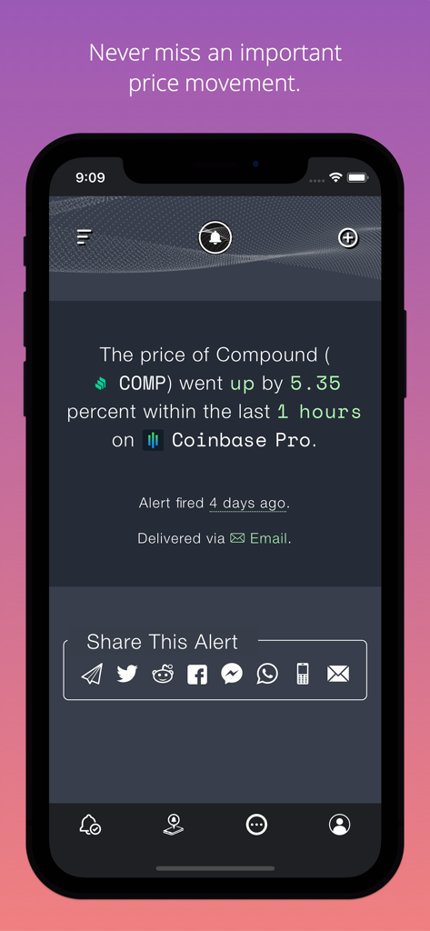 Cryptocurrency Alerting - Pantalla de la aplicación móvil mostrando una alerta de movimiento de precios para la criptomoneda Compound en Coinbase Pro con iconos para compartir en redes sociales.
