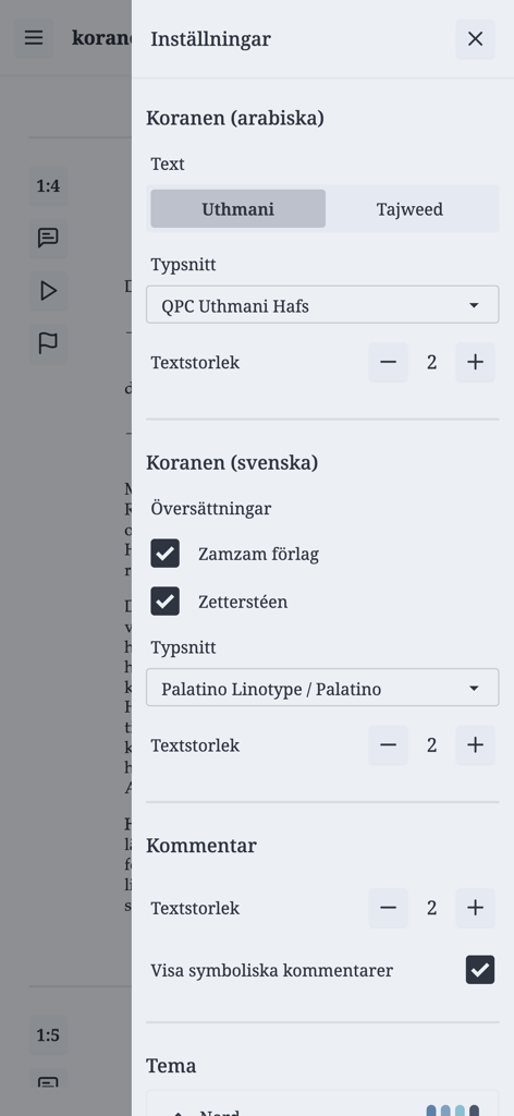 Koranen på svenska zamzam - Pantalla de configuración de la aplicación Koranen på svenska zamzam que muestra opciones de texto y traducción.