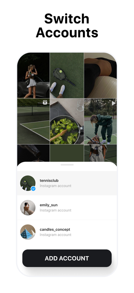 Interface de l'application montrant la fonction de gestion multi-comptes pour basculer entre différents profils Instagram pour la planification de grille