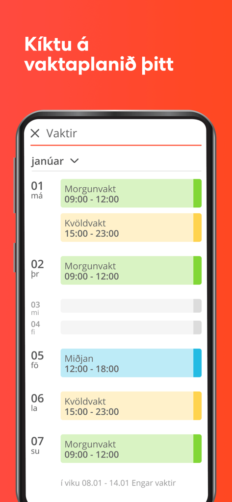 Tímon - Pianificatore turni dell'app Timon che mostra un orario di lavoro mensile.