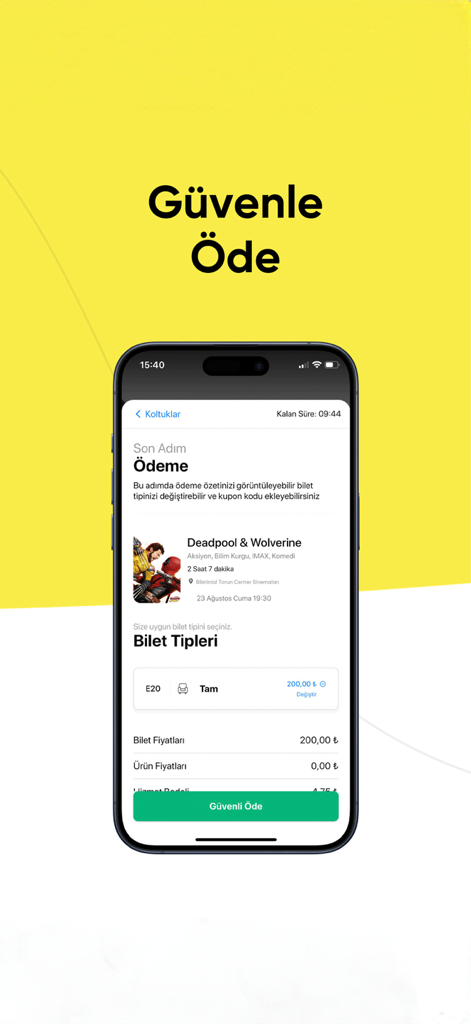 Interface de l'application Biletinial montrant un paiement sécurisé pour un billet de cinéma