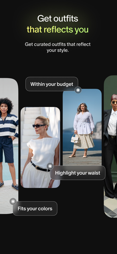 Lumi: styling & shopping - Interfaz de la aplicación Lumi con atuendos de moda curados y etiquetas de estilo personalizadas para análisis de presupuesto y color.