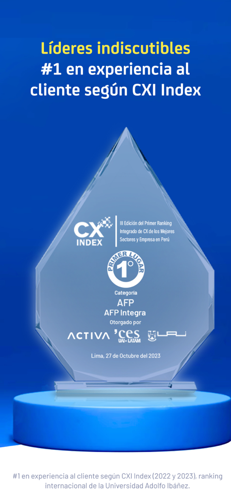 AFP Integra - Trofeo del premio AFP Integra per la prima posizione nella customer experience secondo l'Indice CXI