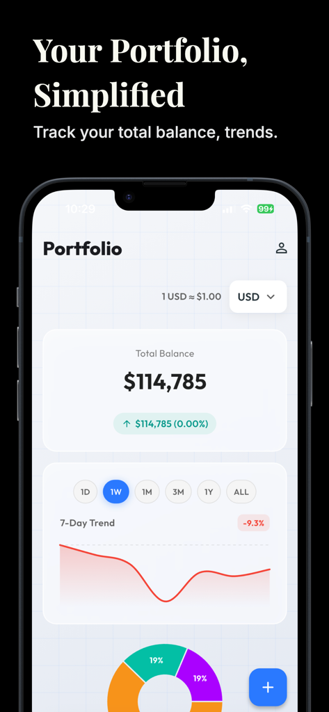 KryptoBot-Portfolio-Bildschirm mit Gesamtbestand und 7-Tage-Trendchart