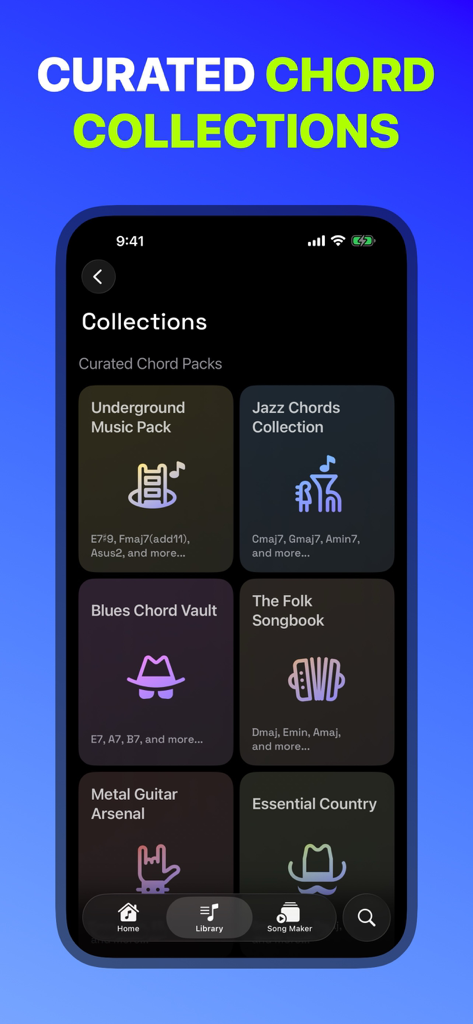 Guitar Wiz: Guitarist Toolkit - Guitar Wiz app screen showing curated chord packs for different genres including Jazz, Blues, Metal, and Country.