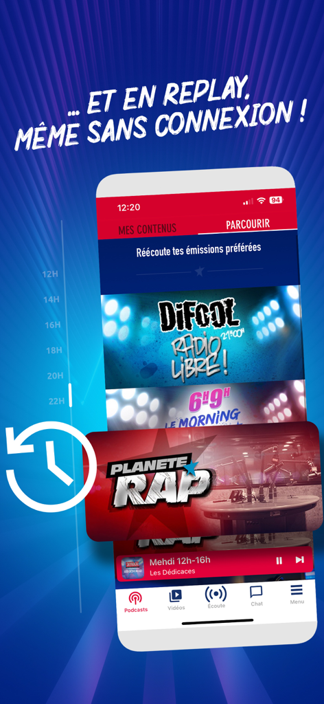 Interfaz de la app Skyrock Radios mostrando la sección de repetición y el modo de escucha sin conexión para programas de radio populares como Planete Rap