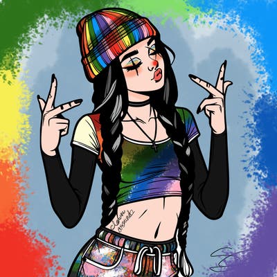 realistic teenage girl with braids and a beanie and crop top doing 🫶🏼