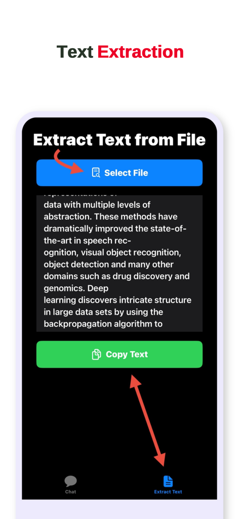 ai chat by api - APIによるAIチャットモバイルアプリケーションのテキスト抽出インターフェース。抽出されたテキストとコピーボタンを表示。