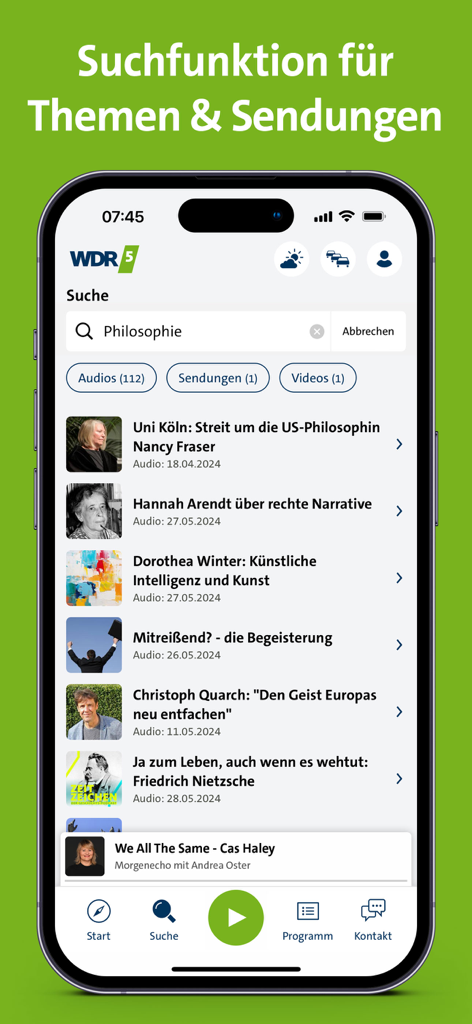 WDR 5 - Search results for philosophy programs and audio clips within the WDR 5 radio app interface