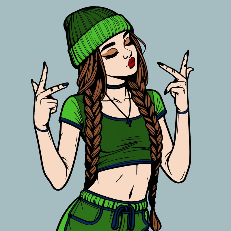 realistic teenage girl with braids and a beanie and crop top doing 🫶🏼