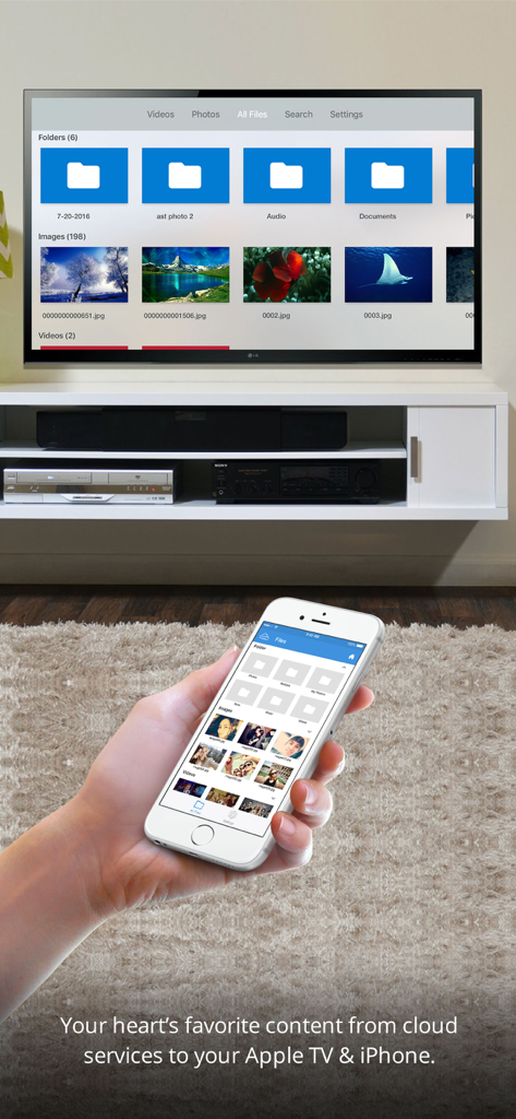 EasyCloud for WD My Cloud - EasyCloud app interface showing media files on Apple TV and iPhone from a personal cloud storage device