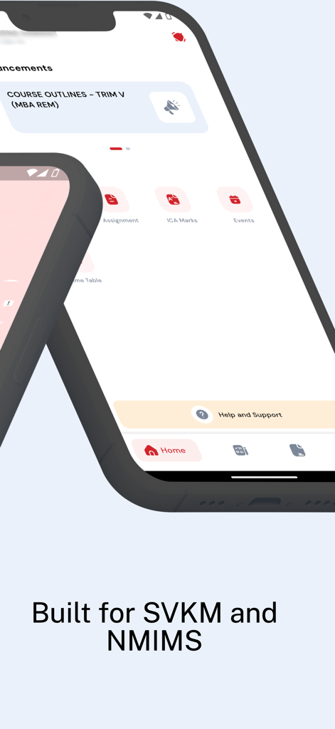 Interface mobile de l'application LMS Portal présentant des outils académiques pour les étudiants SVKM et NMIMS