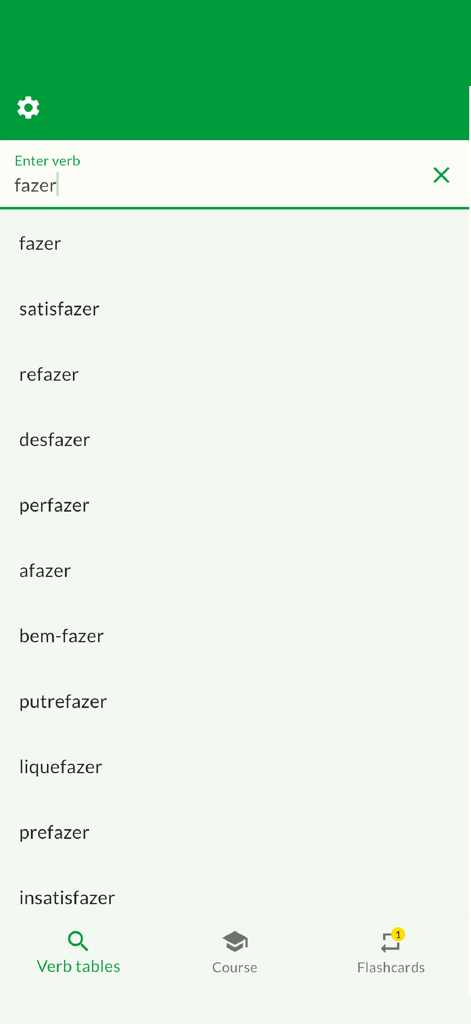 fazerに関連する動詞のリストを表示するポルトガル語動詞活用アプリの検索インターフェイス