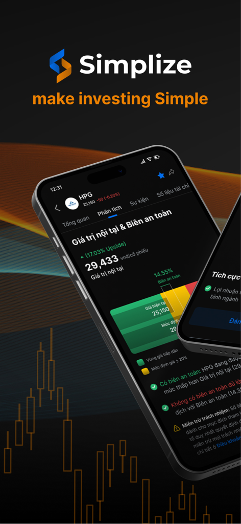Simplize mobile app screen showing stock valuation and intrinsic value analysis for the Vietnamese market